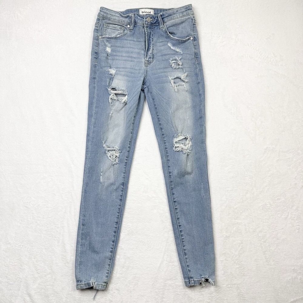 Tricot Jeans Womens 7/27 Skinny Distressed Blue Fade Holes Shark Hem High Rise
